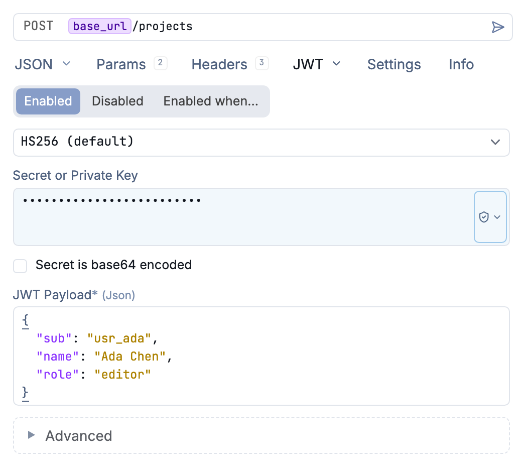 JWT authentication with HS256, a masked secret, and JSON payload claims
