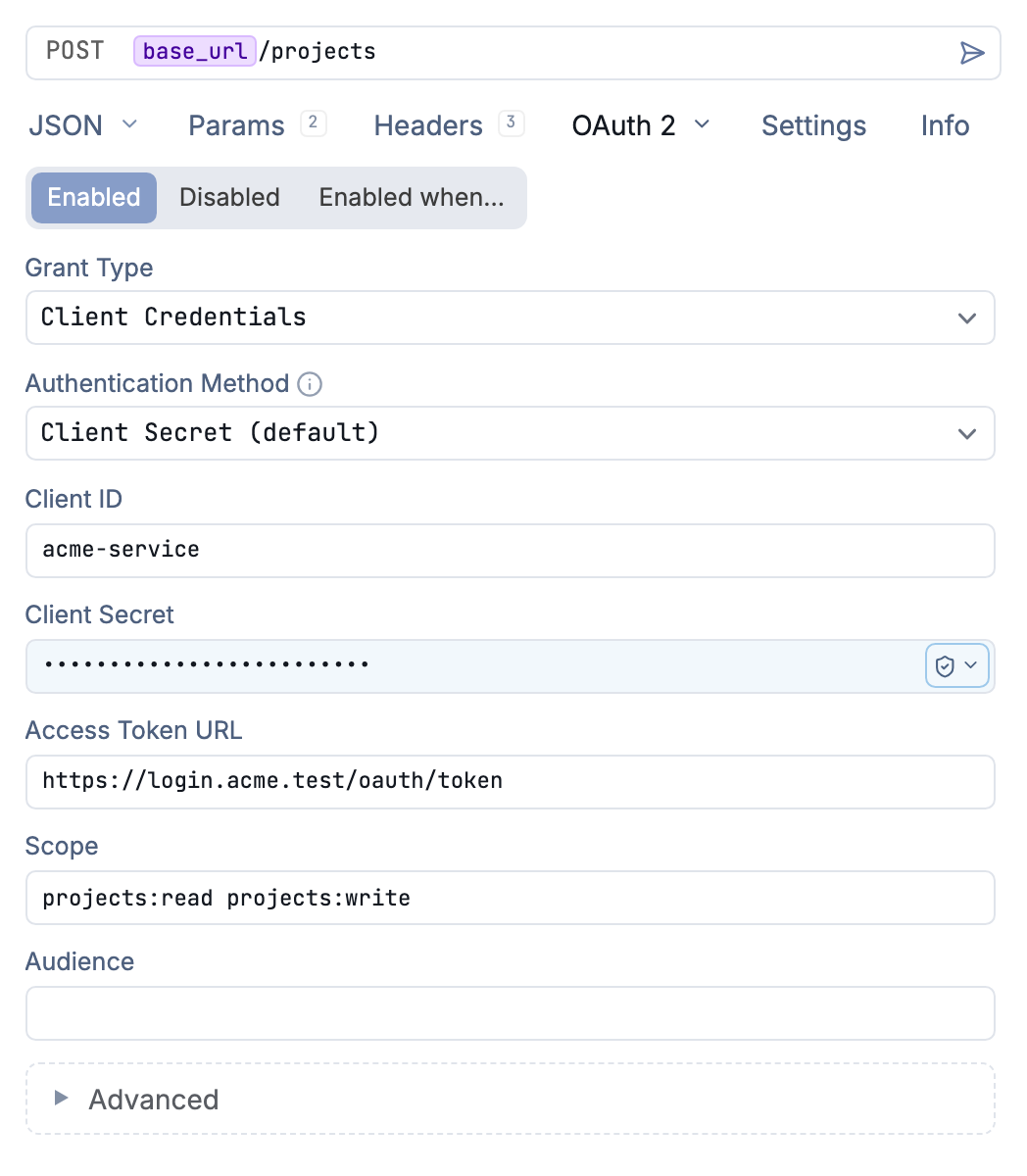 OAuth 2.0 Client Credentials configuration with a masked client secret and requested scopes