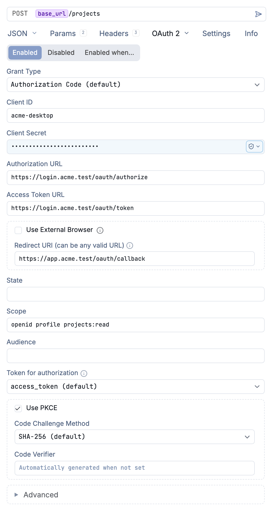 OAuth 2.0 Authorization Code configuration with provider URLs, callback, scope, and PKCE