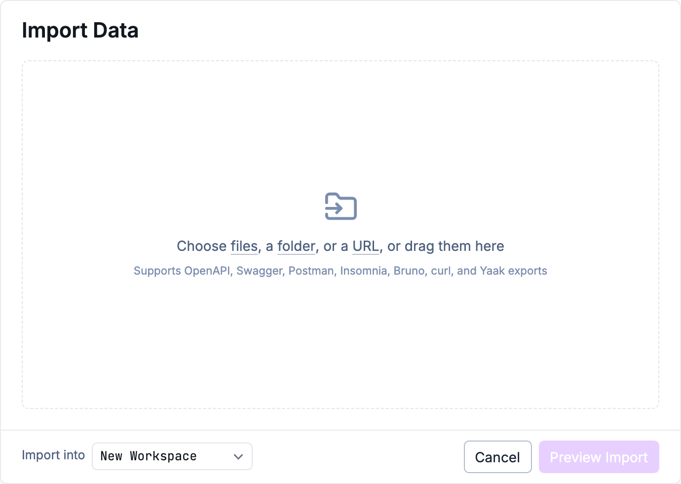 Import data dialog with file, URL, and destination options