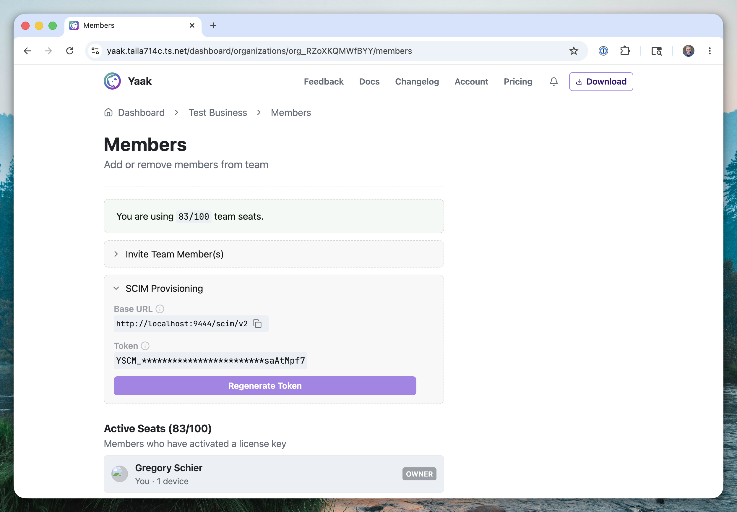 Yaak organization dashboard with the user provisioning panel open