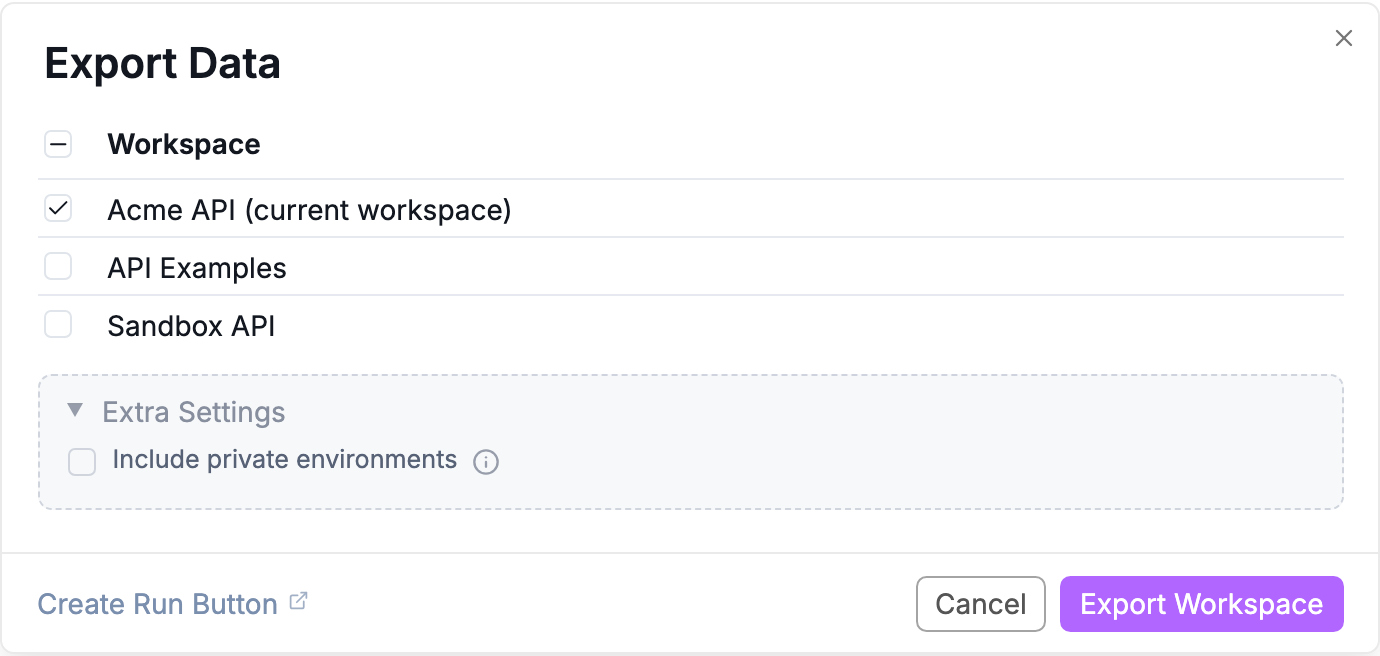 Export dialog with workspace selection and private environment option