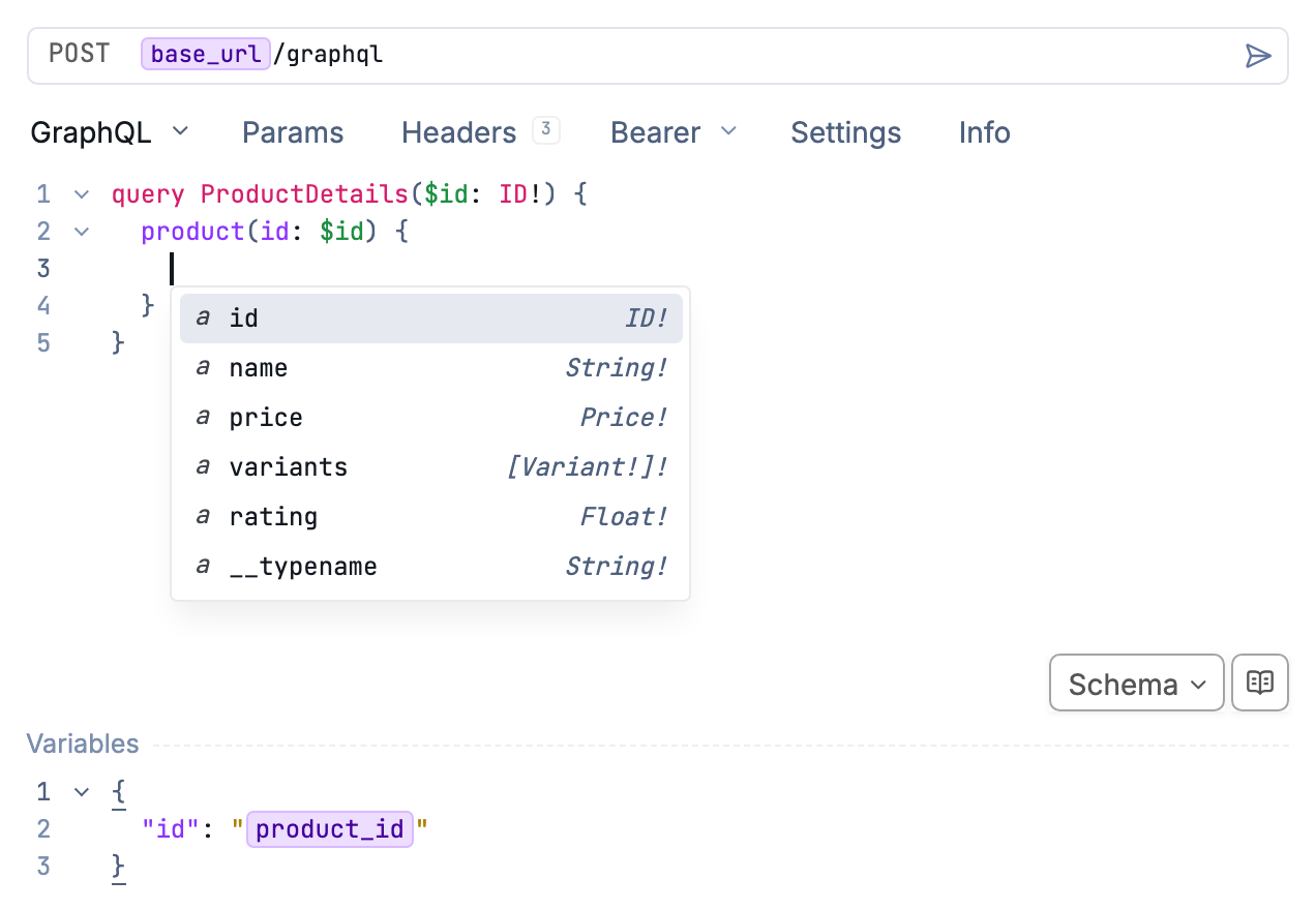 GraphQL autocomplete suggesting fields from the product schema