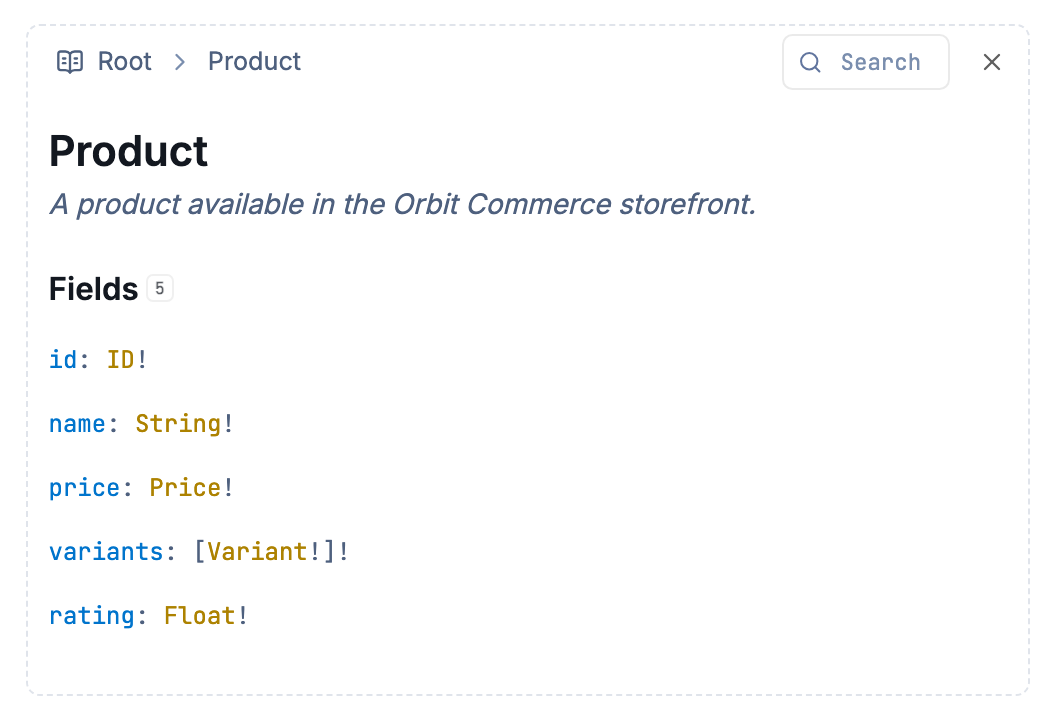 GraphQL documentation explorer showing product fields and types