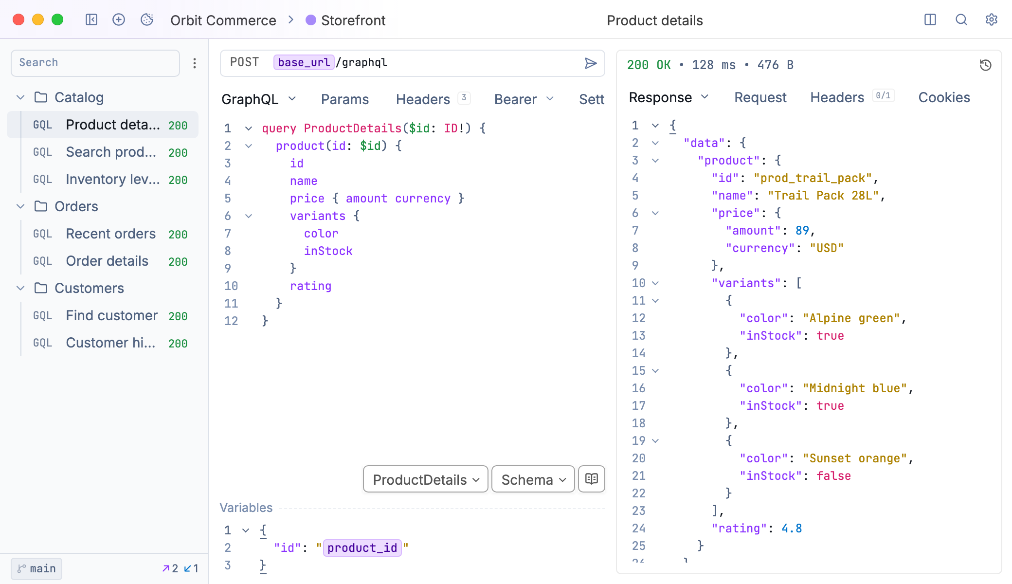 GraphQL product query with variables and its JSON response