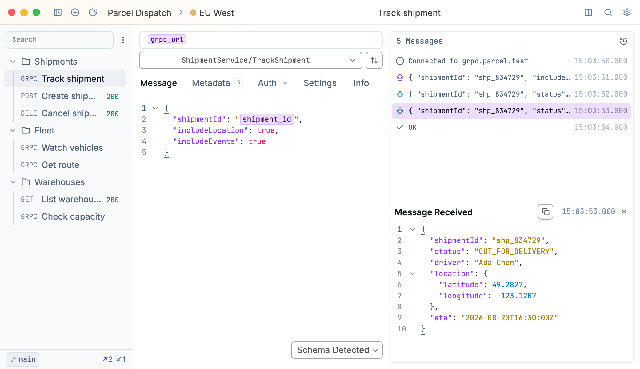 gRPC shipment tracking request with streamed messages and a selected response