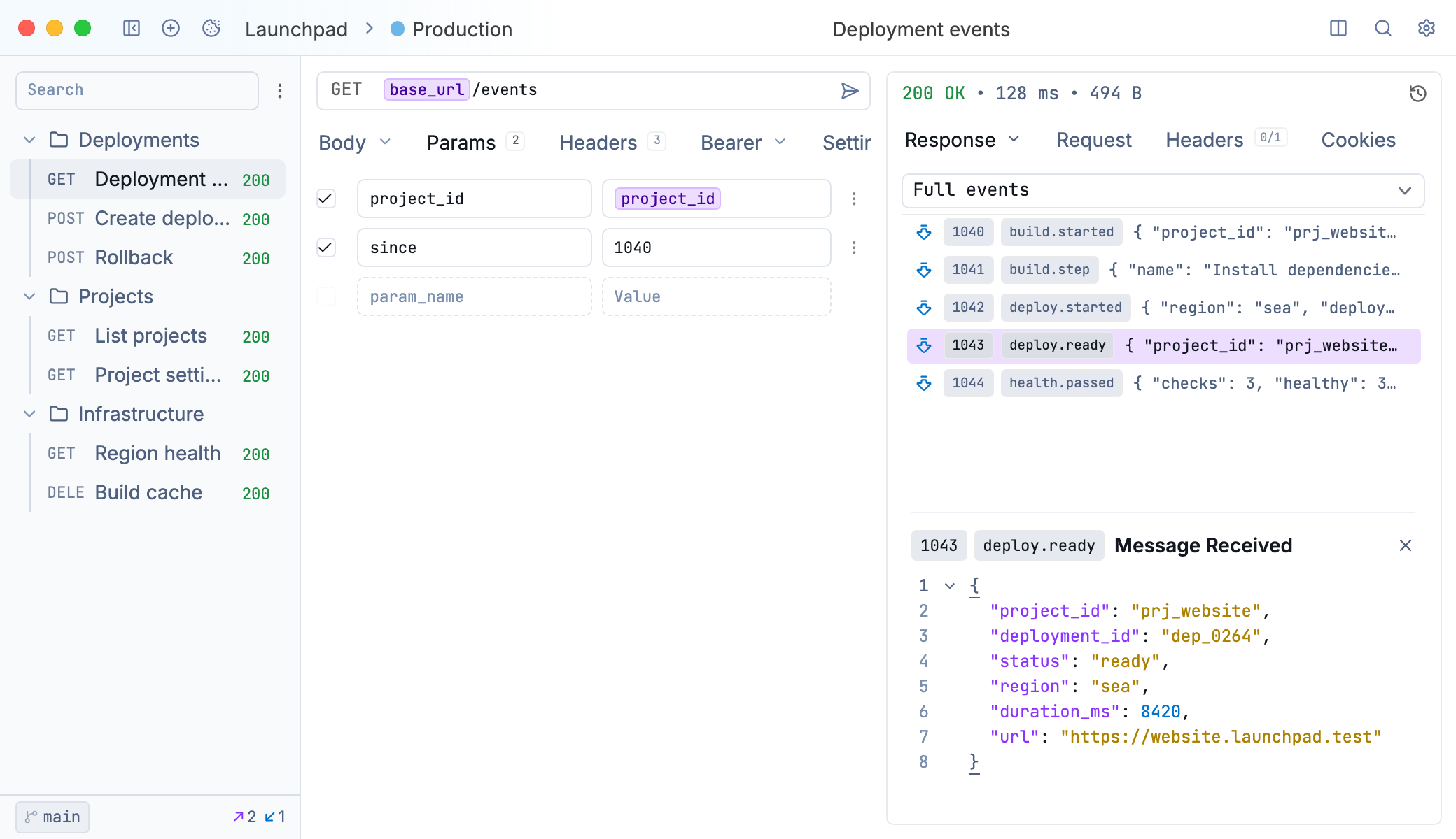 Server-sent deployment events with a selected event payload