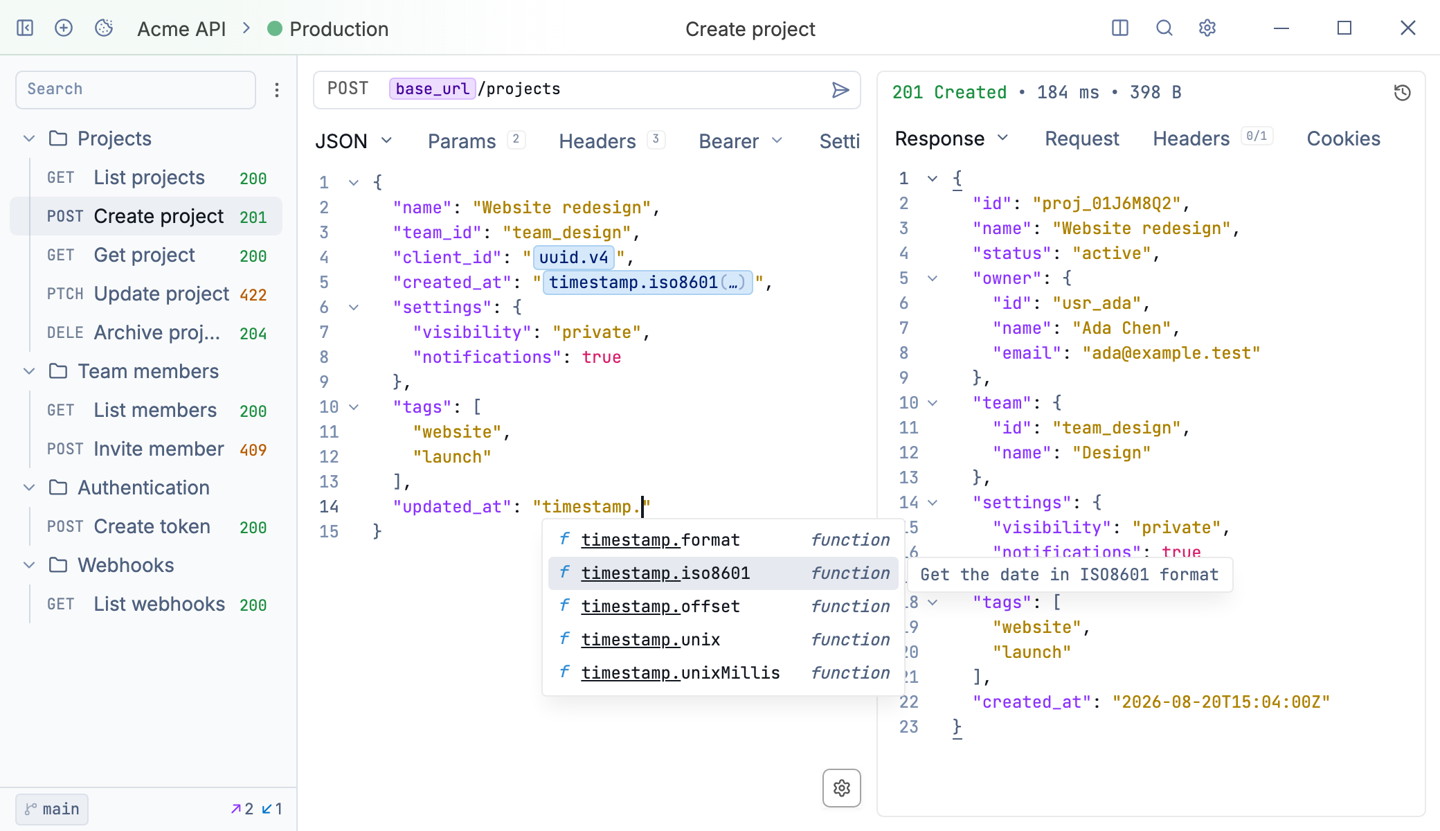 Yaak showing a project API request and its JSON response
