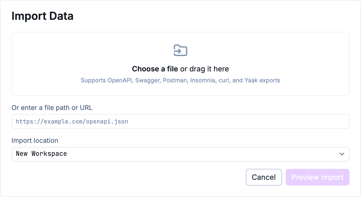 Import data dialog with file, URL, and destination options