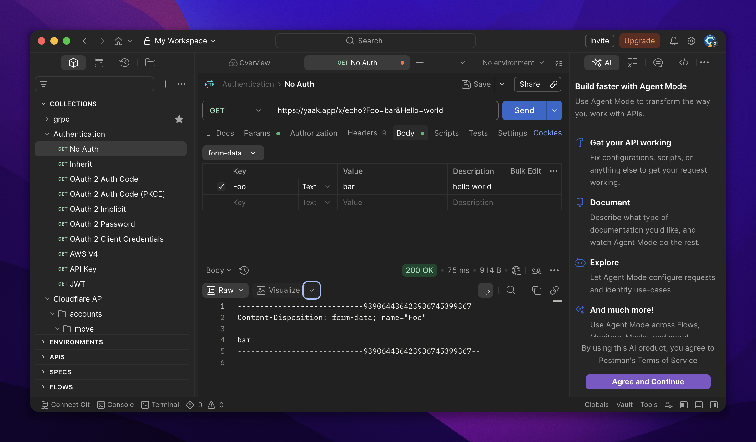 Postman 12 with the Agent Mode panel open