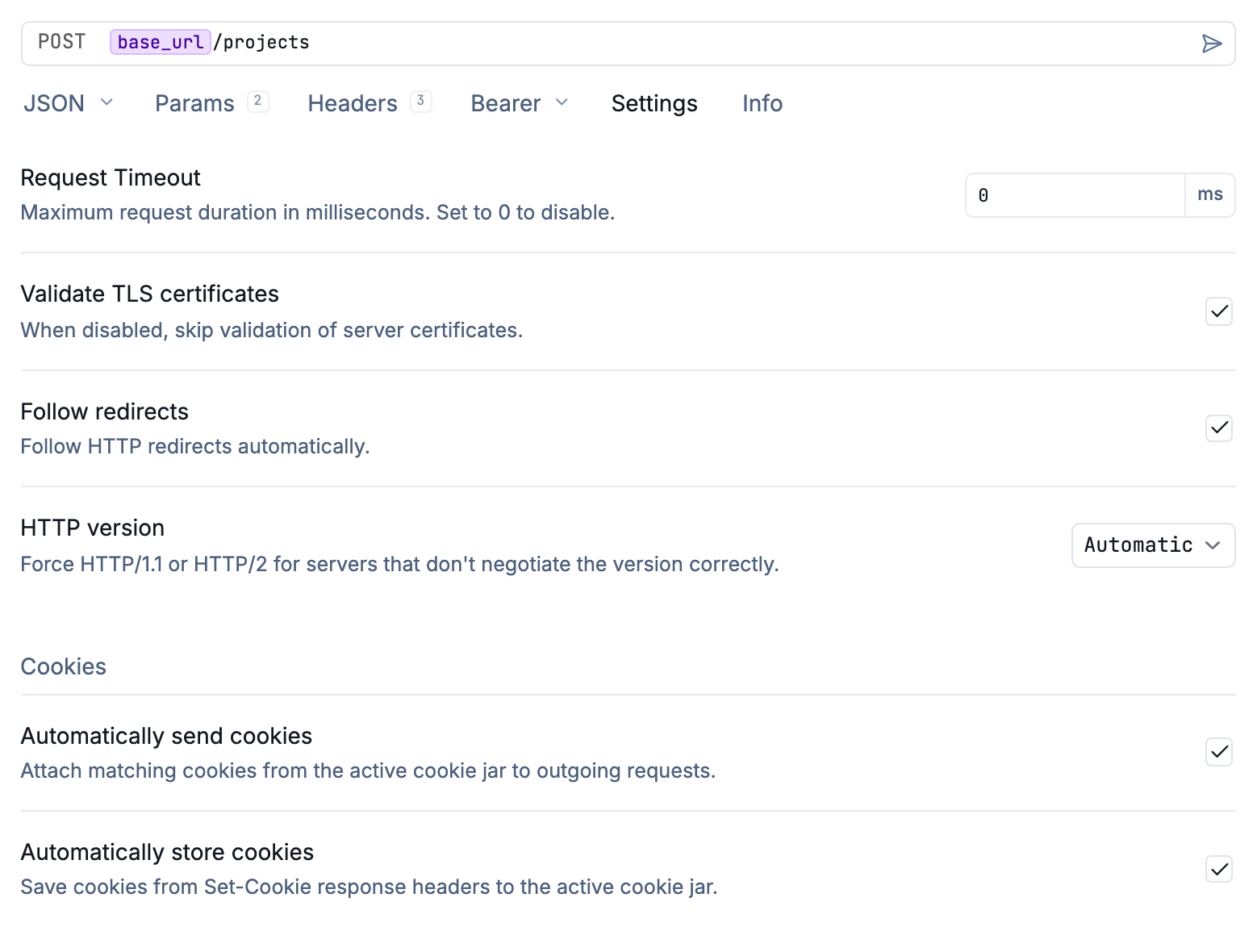 HTTP request settings showing timeout, TLS certificate validation, redirects, and cookies